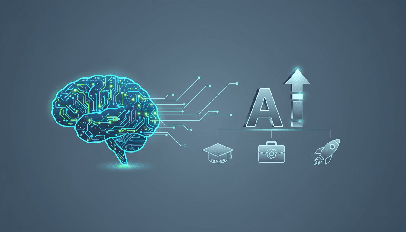 AI degrees: graphic of graduation cap, computer chip, and upward graph.