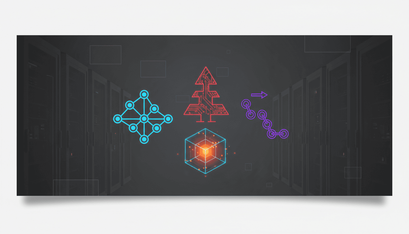 Abstract visualization of data structures, highlighting essential ones over trendy buzzwords.