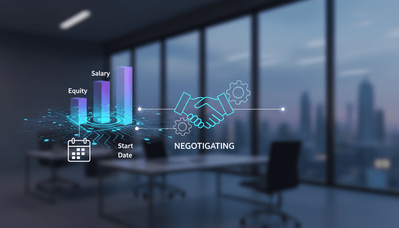 Negotiating a tech offer: salary, equity, and start date graphics.