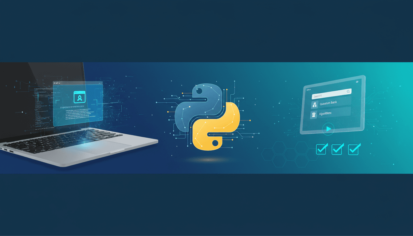 Python interview prep: A programmer coding on a laptop, surrounded by Python concepts.