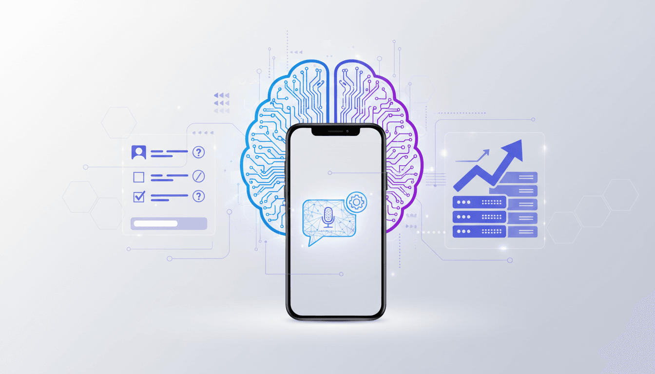 AI interview assistant graphic: Person confidently building an AI assistant with code and thought bubbles.