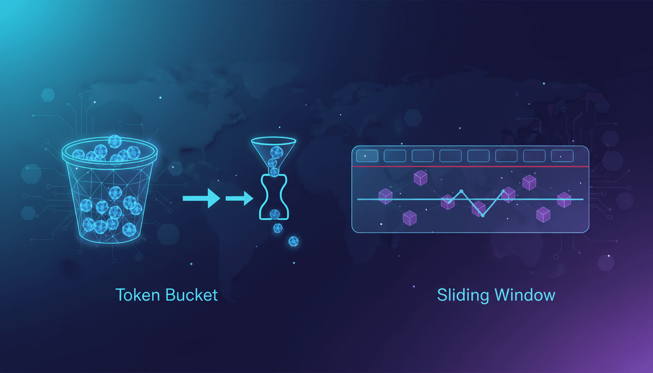 Diagrams illustrating Token Bucket and Sliding Window rate limiter algorithms for system design.